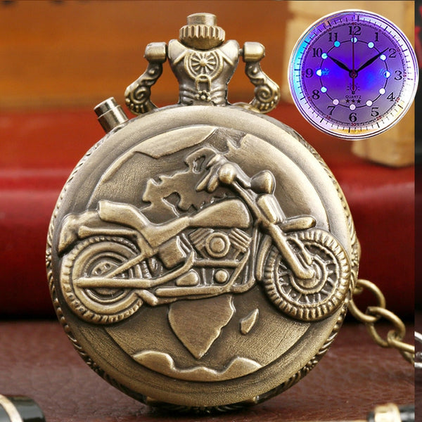 Reloj de bolsillo de cuarzo con diseño de coche y motocicleta retro