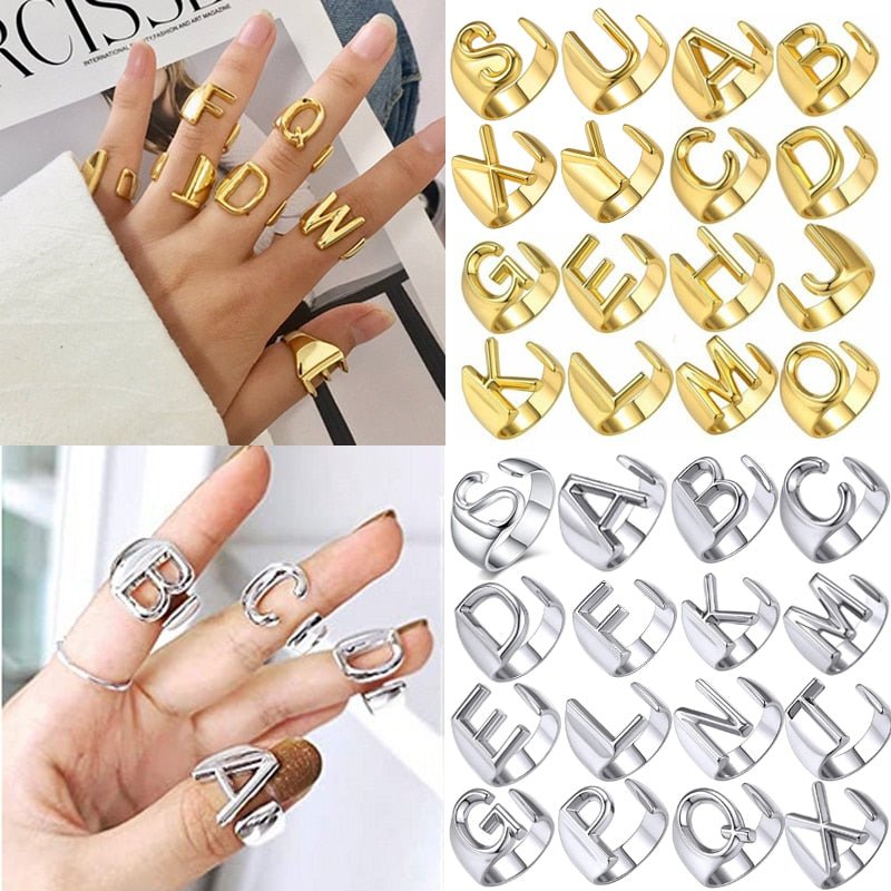 Chunky Wide Hollow A-Z Letter 3Colors Metal Adjustable Opening Ring