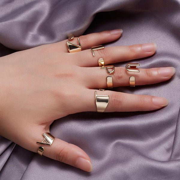 Chunky Wide Hollow A-Z Letter 3Colors Metal Adjustable Opening Ring