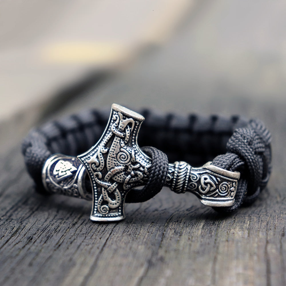 Mens Viking Mjolnir Leather Bracelet