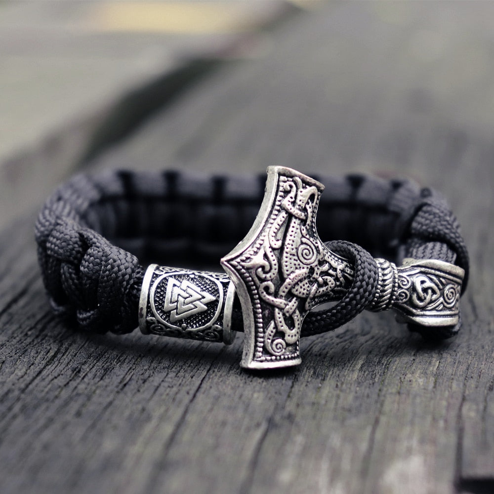Mens Viking Mjolnir Leather Bracelet