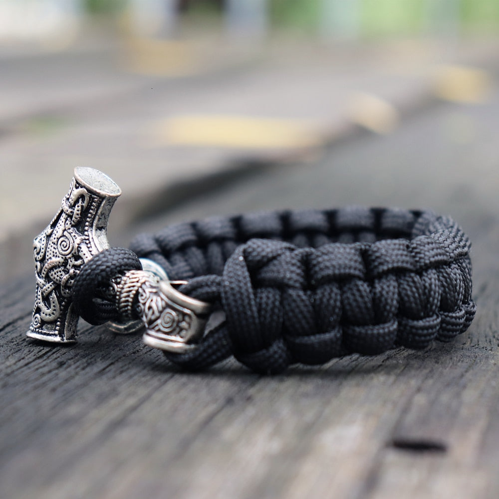 Mens Viking Mjolnir Leather Bracelet