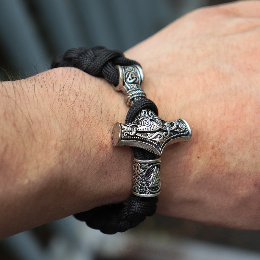 Mens Viking Mjolnir Leather Bracelet