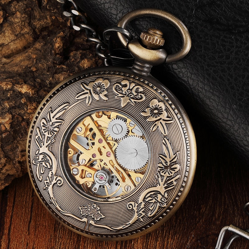 Vintage Wood Circle Carved Number Dial Mechanical Pocket Watch