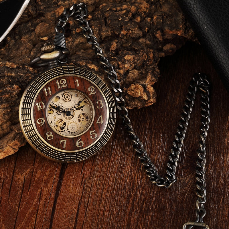 Vintage Wood Circle Carved Number Dial Mechanical Pocket Watch