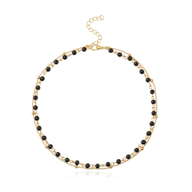 Woman Simple Black White Beads Initial Necklace