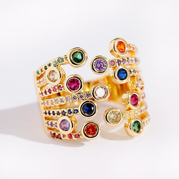 Anillo de lujo con flores arcoíris de cristal y circón colorido