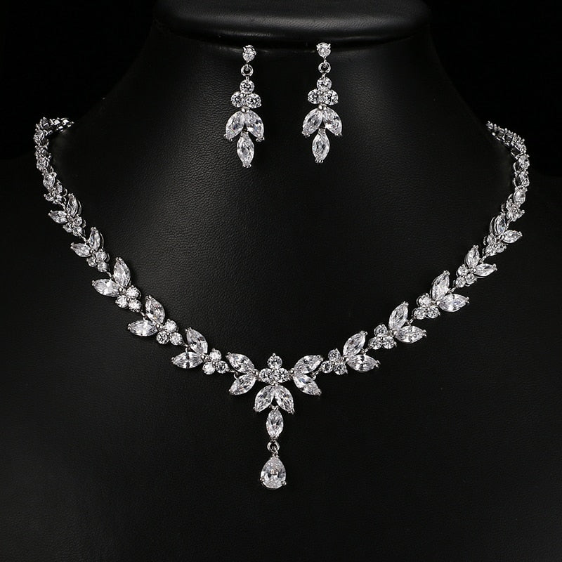 Cubic Zircon Stud Earrings & Necklace Jewelry Sets