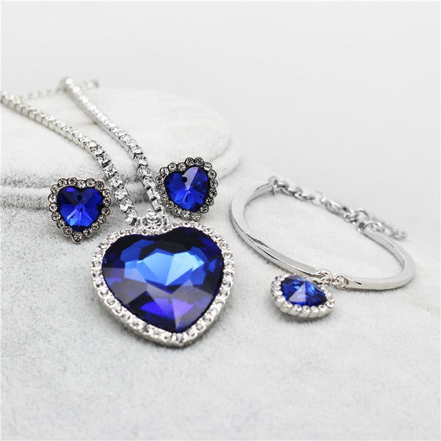 Women Crystal Rhinestones Necklace Earrings Ring Bracelet Set