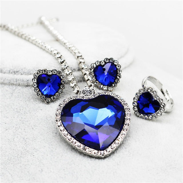 Women Crystal Rhinestones Necklace Earrings Ring Bracelet Set