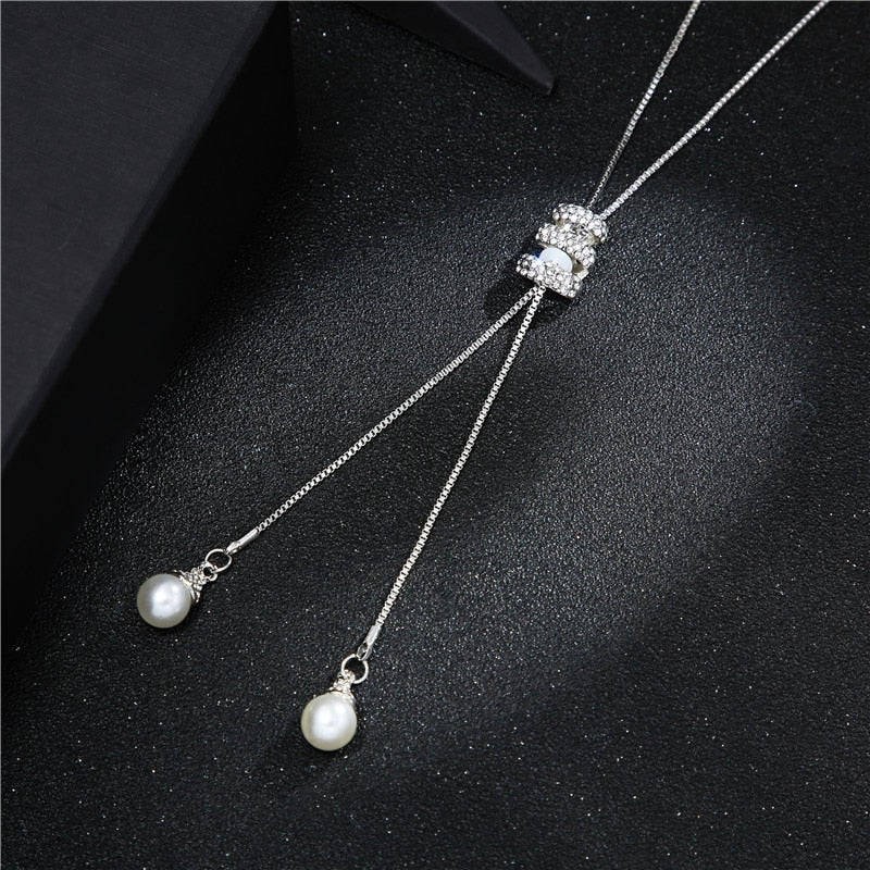 Rhinestone Crystal Pearl Long Chain Necklace