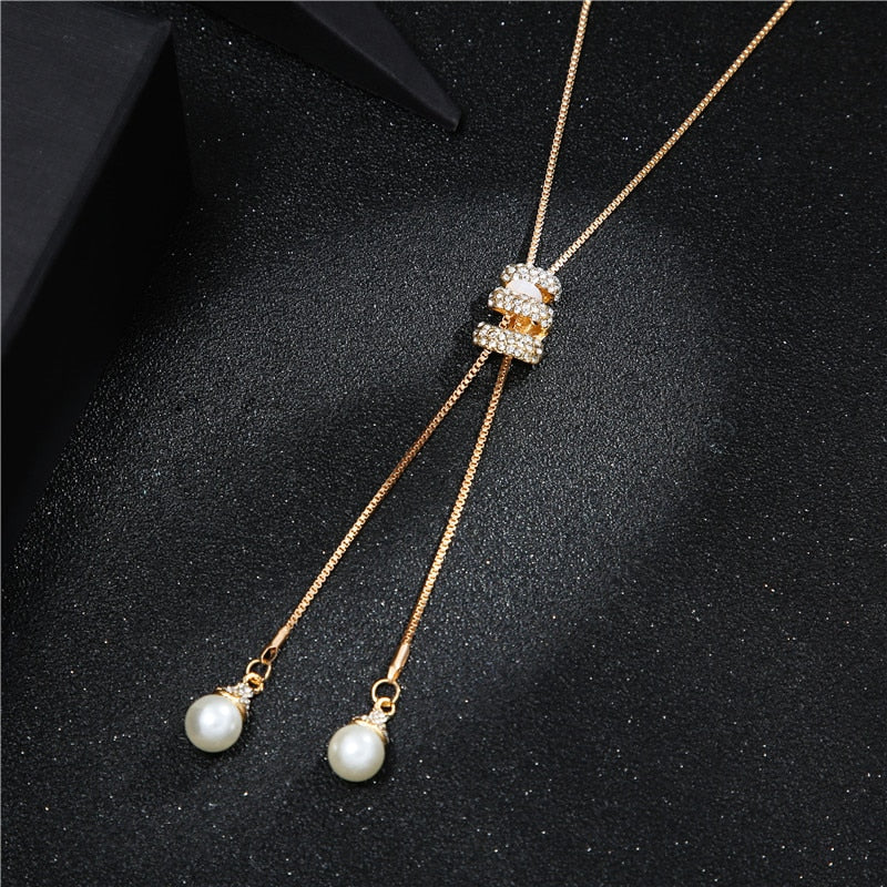 Rhinestone Crystal Pearl Long Chain Necklace