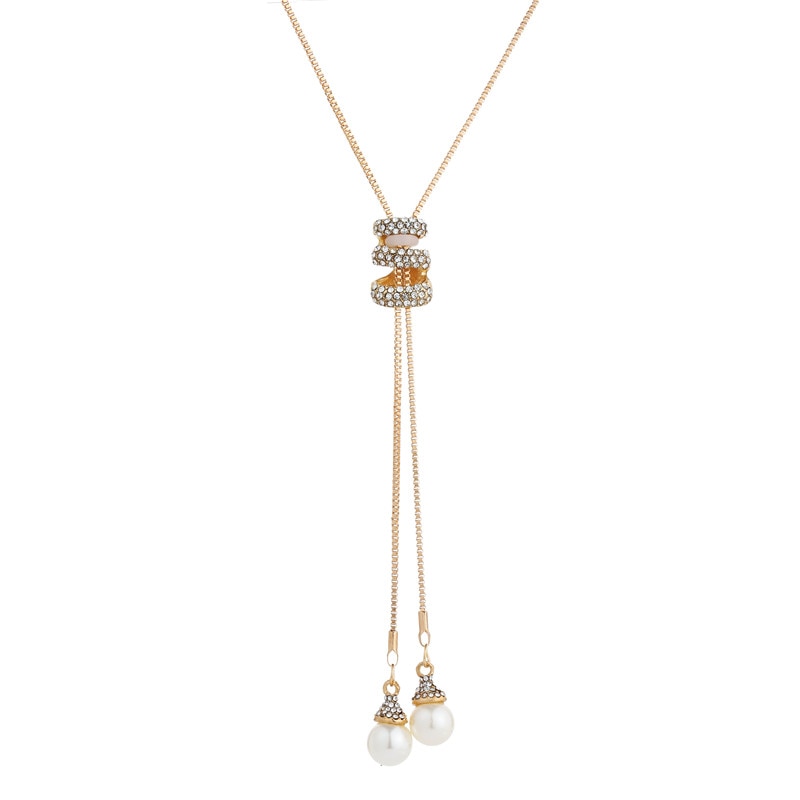 Rhinestone Crystal Pearl Long Chain Necklace