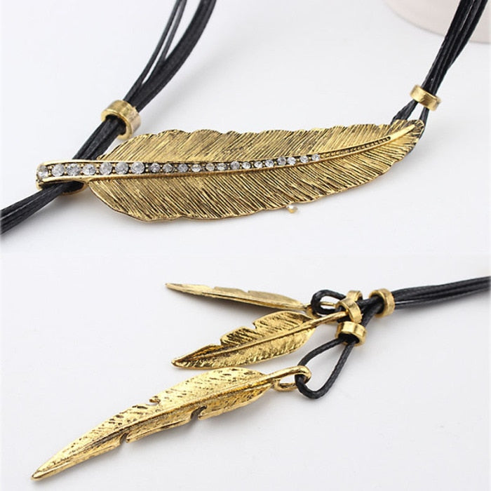 New Bohemian Style Rope Chain Leaf Feather Pattern Pendant