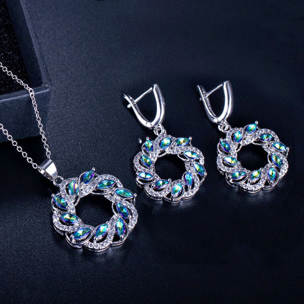 Collar y pendientes de cristal azul claro con forma ovalada hueca para mujer