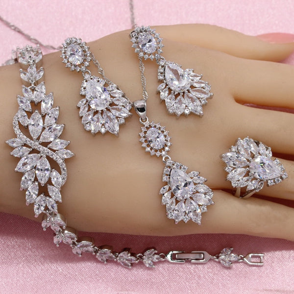 4 Colors White Red Blue Green Crystal Silver Color Jewelry Sets