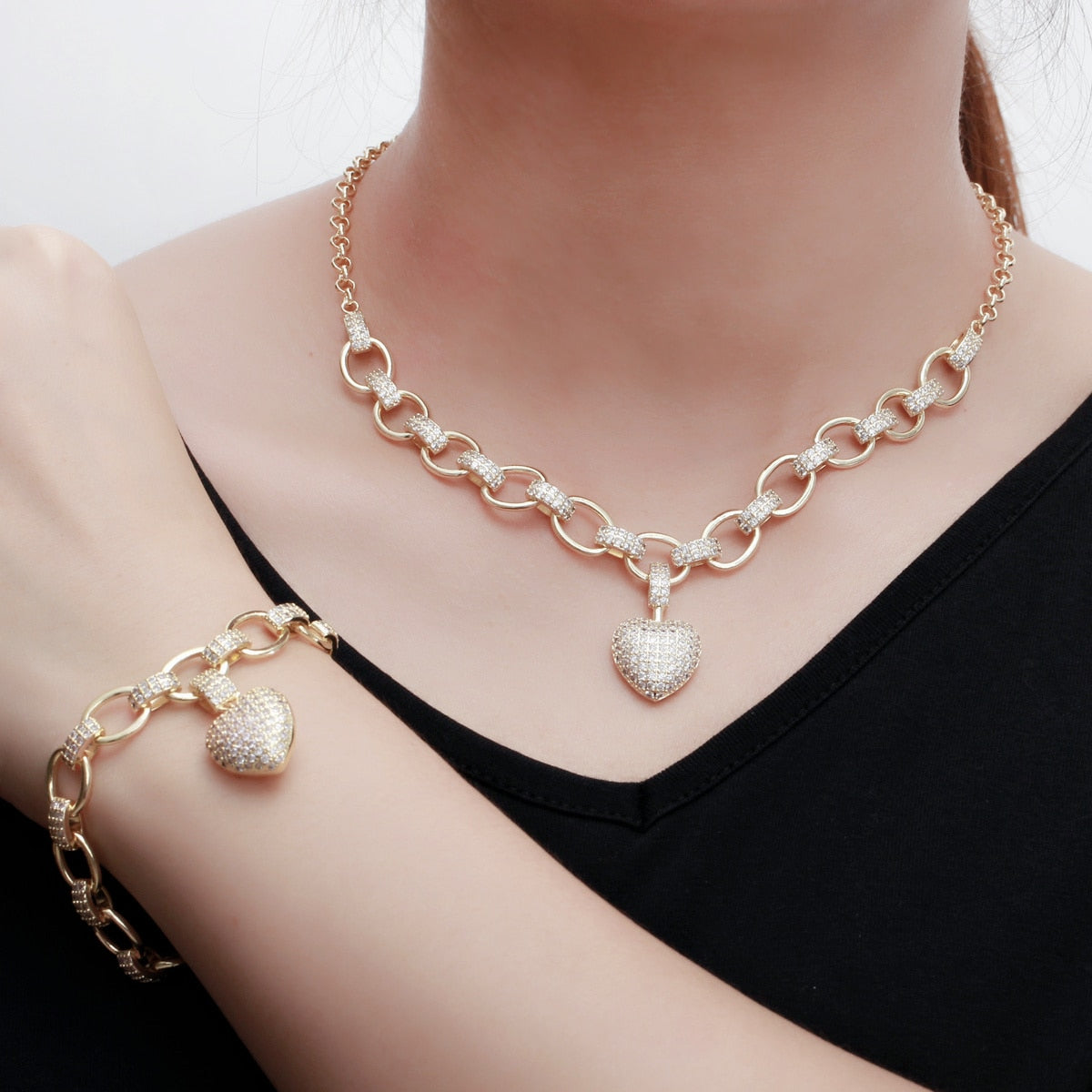 Gold Color Cubic Zirconia Dangle Love Heart Shape  Jewelry Set