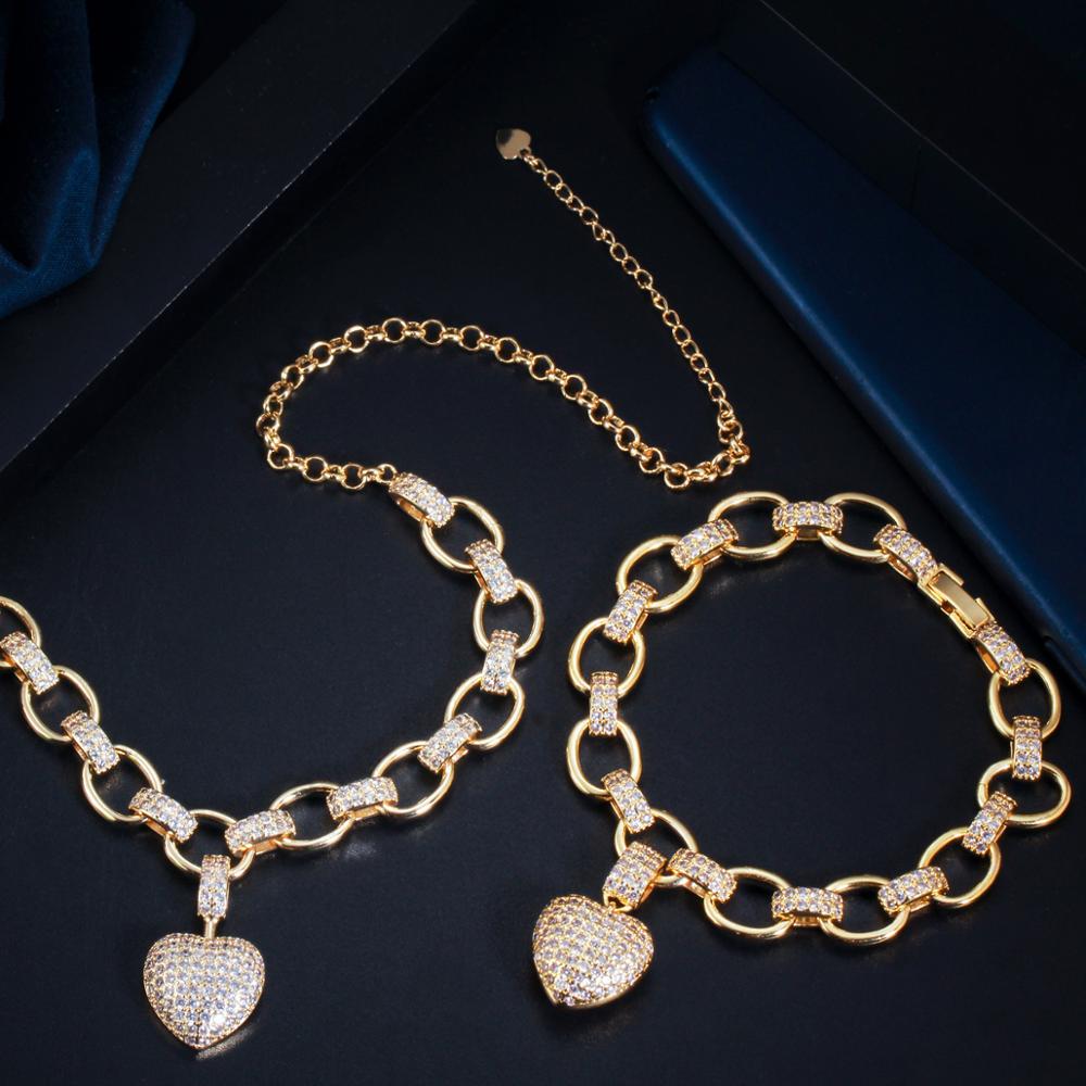 Gold Color Cubic Zirconia Dangle Love Heart Shape  Jewelry Set
