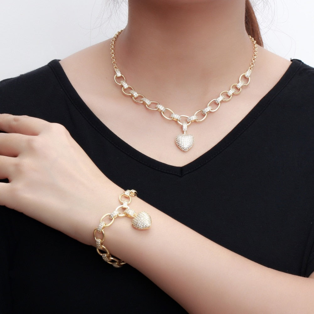 Gold Color Cubic Zirconia Dangle Love Heart Shape  Jewelry Set