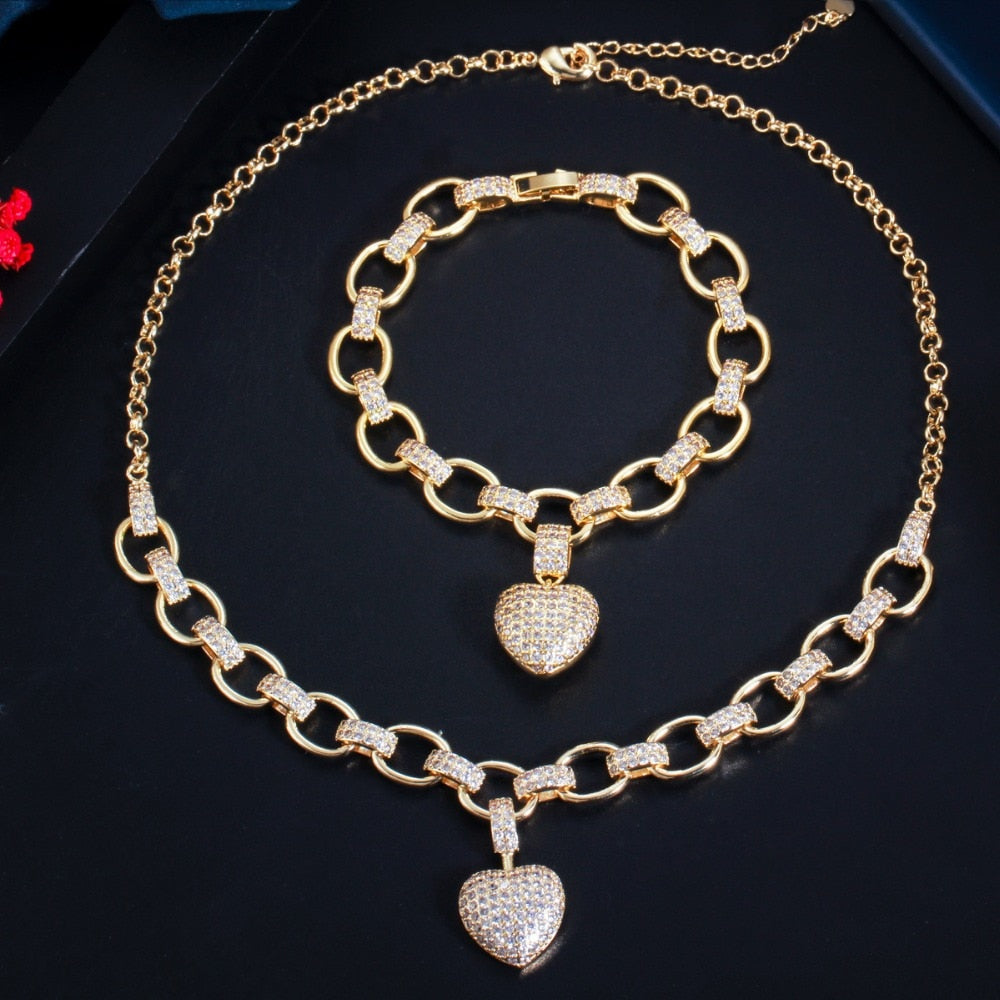 Gold Color Cubic Zirconia Dangle Love Heart Shape  Jewelry Set