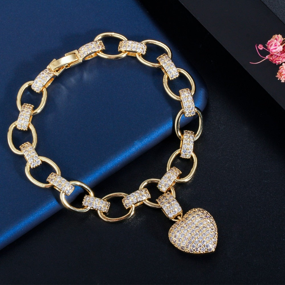 Gold Color Cubic Zirconia Dangle Love Heart Shape  Jewelry Set