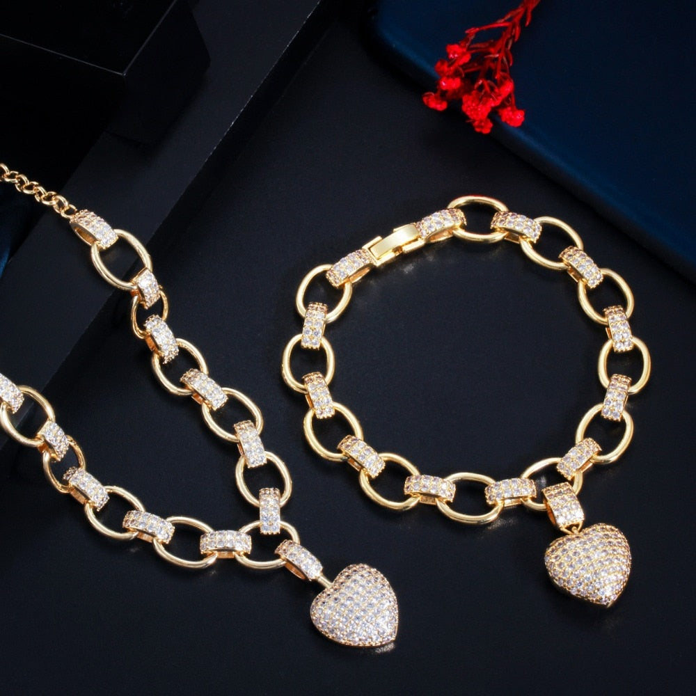 Gold Color Cubic Zirconia Dangle Love Heart Shape  Jewelry Set