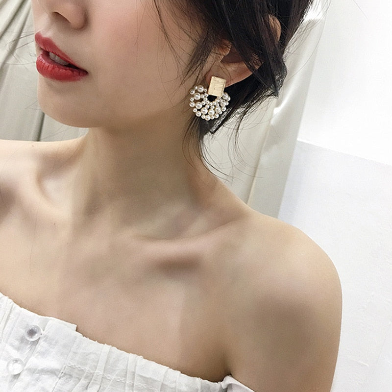 Simulated Pearl Stud Earrings Women Bohemian Geometric Earrings