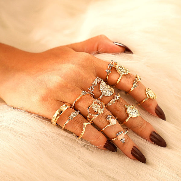 Bohemian Gold Virgin Mary Heart Flower Kunckle Midi Ring Set