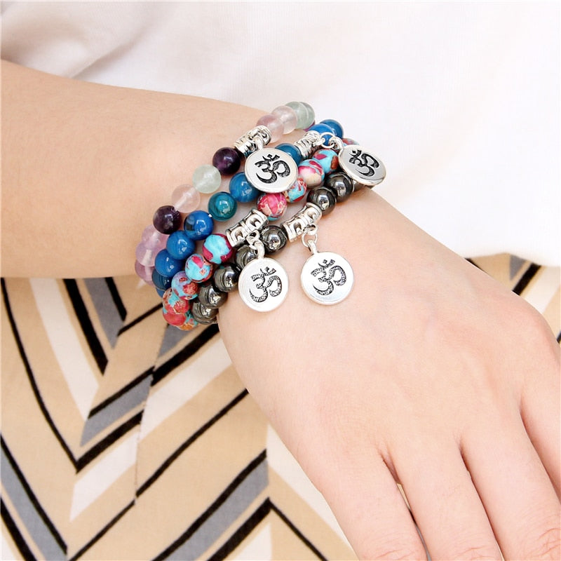 Handmade Natural Stone Lotus Ohm Buddha Beads Bracelet