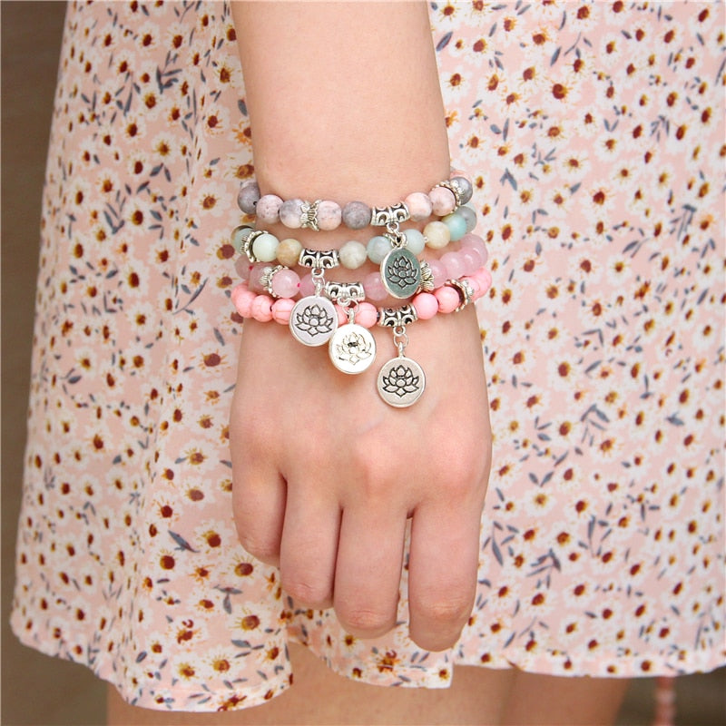 Handmade Natural Stone Lotus Ohm Buddha Beads Bracelet