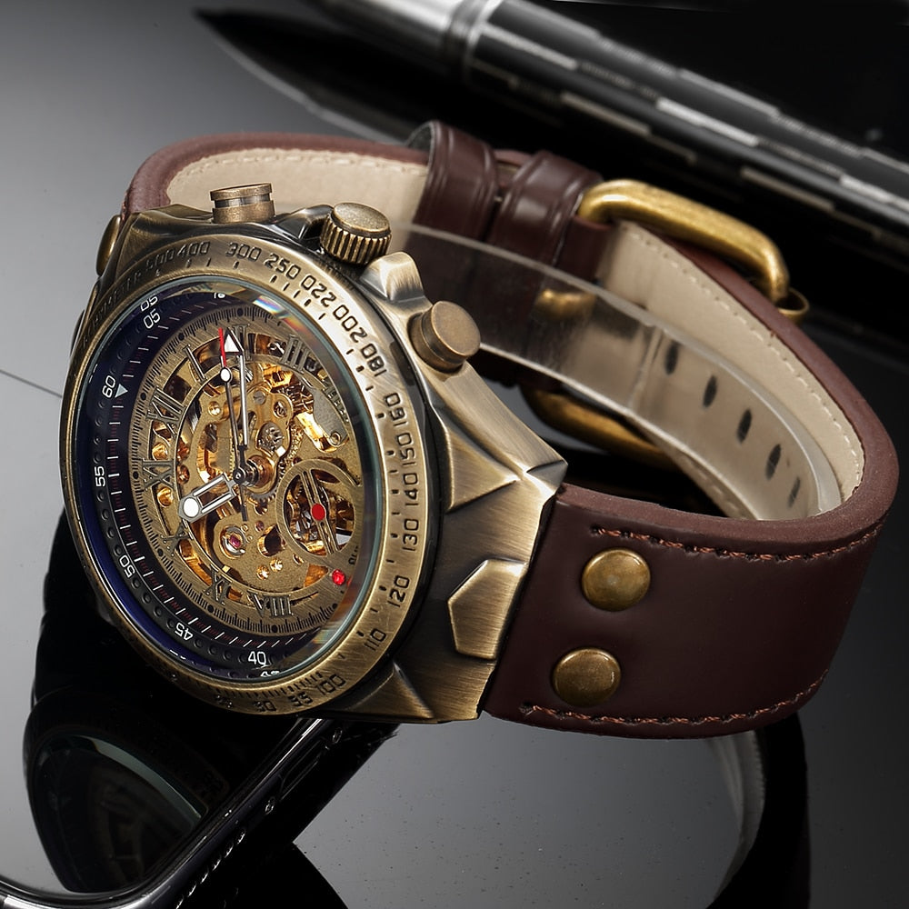 Retro Automatic Mechanical Watch -Skeleton Steampunk Genuine Leather Band