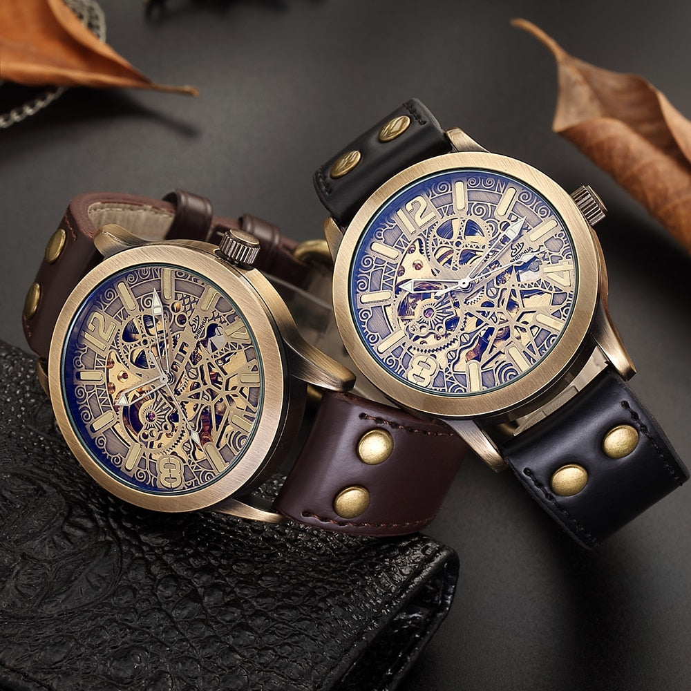 Retro Automatic Mechanical Watch -Skeleton Steampunk Genuine Leather Band