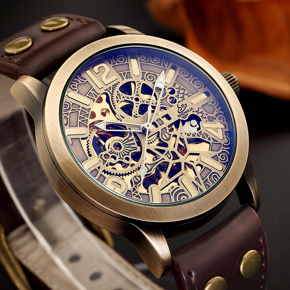 Retro Automatic Mechanical Watch -Skeleton Steampunk Genuine Leather Band