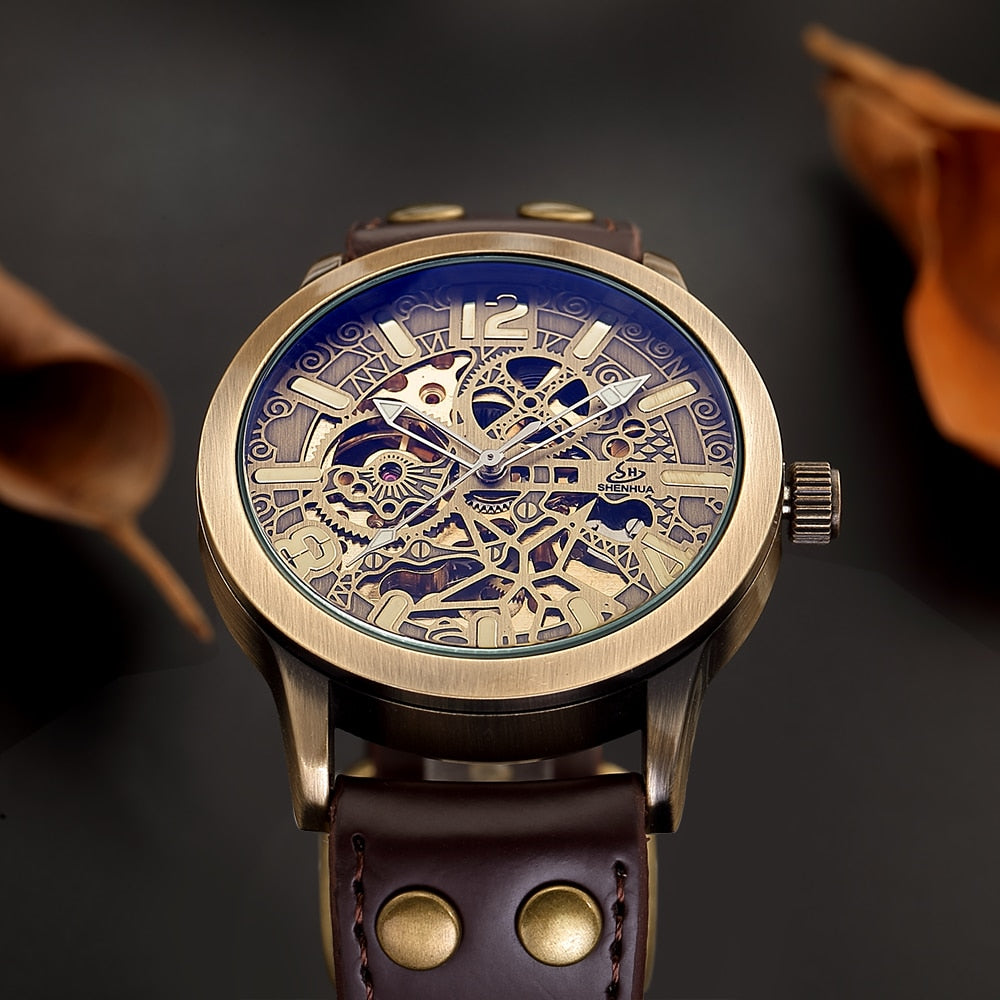 Retro Automatic Mechanical Watch -Skeleton Steampunk Genuine Leather Band