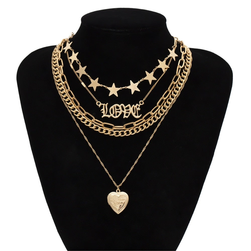 Vintage Multi-Layered Love Heart Pendant Choker Necklace Set