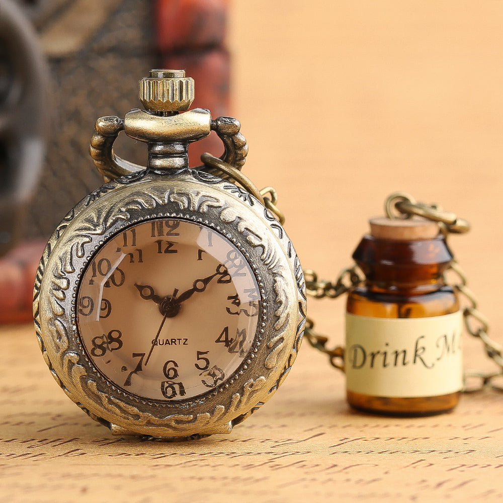 Small Pocket Watch Alice in Wonderland Drink Me Necklace Pendant