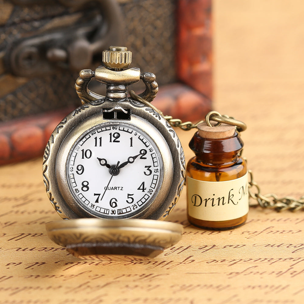 Small Pocket Watch Alice in Wonderland Drink Me Necklace Pendant