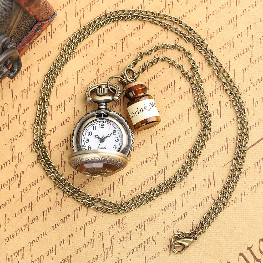 Small Pocket Watch Alice in Wonderland Drink Me Necklace Pendant