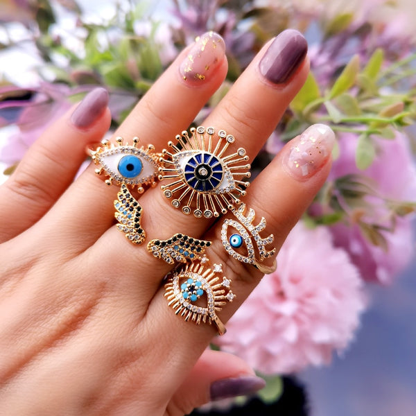 Blue evil eye Angel Wings Mix Styles Gold Color Adjustable Size Rings