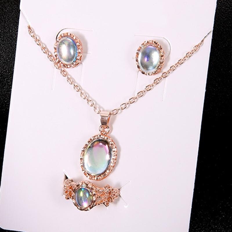 Natural Opal Jewelry Set Crystal  Pendant Necklace Earrings Ring Set