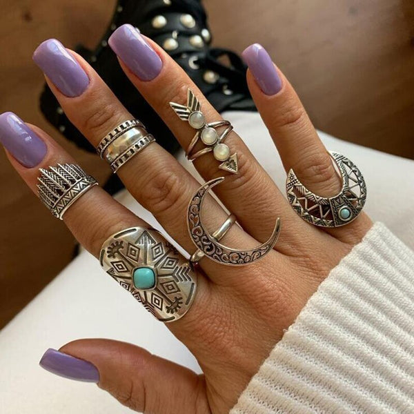 Juego de 6 anillos de luna de color plata vintage para mujer