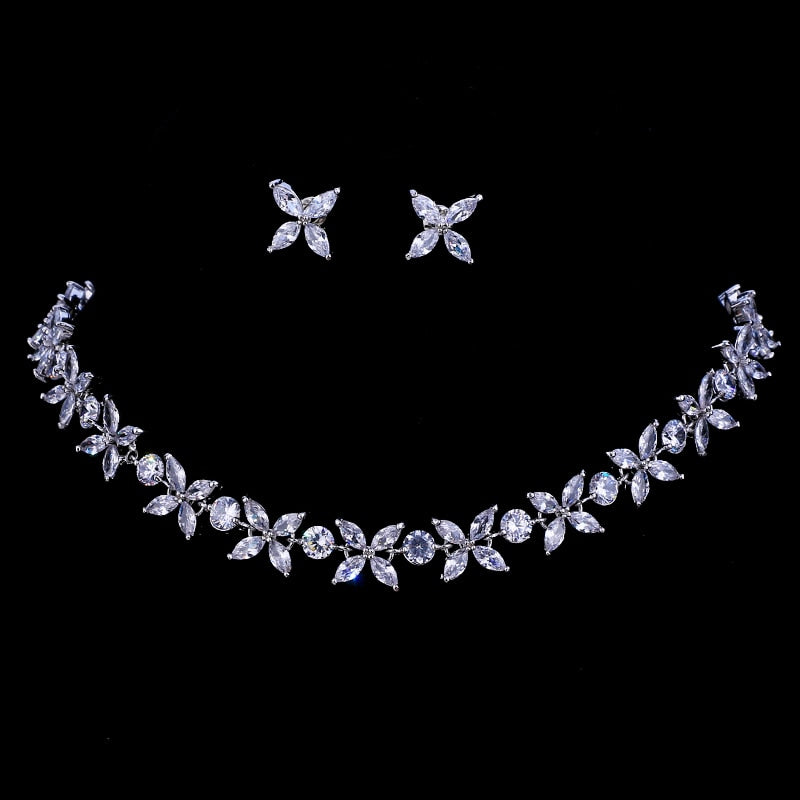 Zircons Stunning Crystal Necklace and Earrings Luxury Bridal Party Jewelry Set