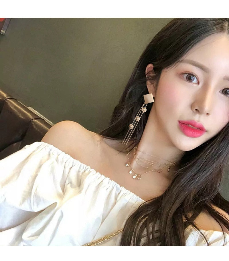 New Crystal Pearl Tassel Earrings