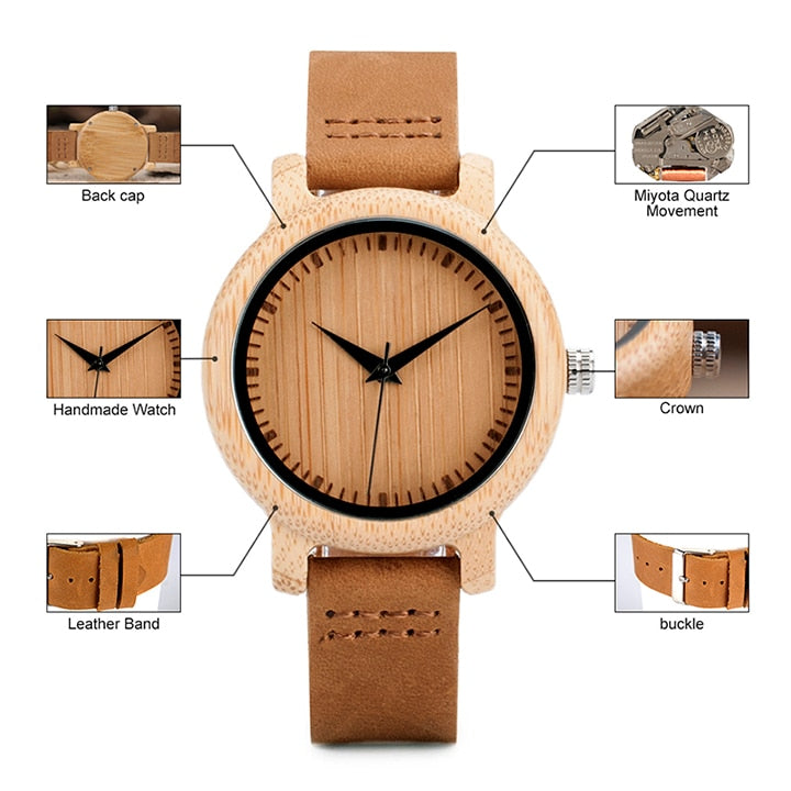 Ladies Casual Quartz Watches Natural Bamboo Wristwatch