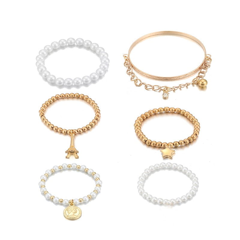 Fashion Gold Color Beads Pearl Star Multilayer Beaded Bracelets Set