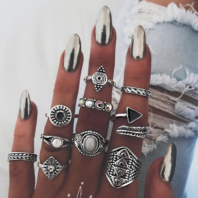 Bohemia Antique Arrow Leaf Carved Rings Sets