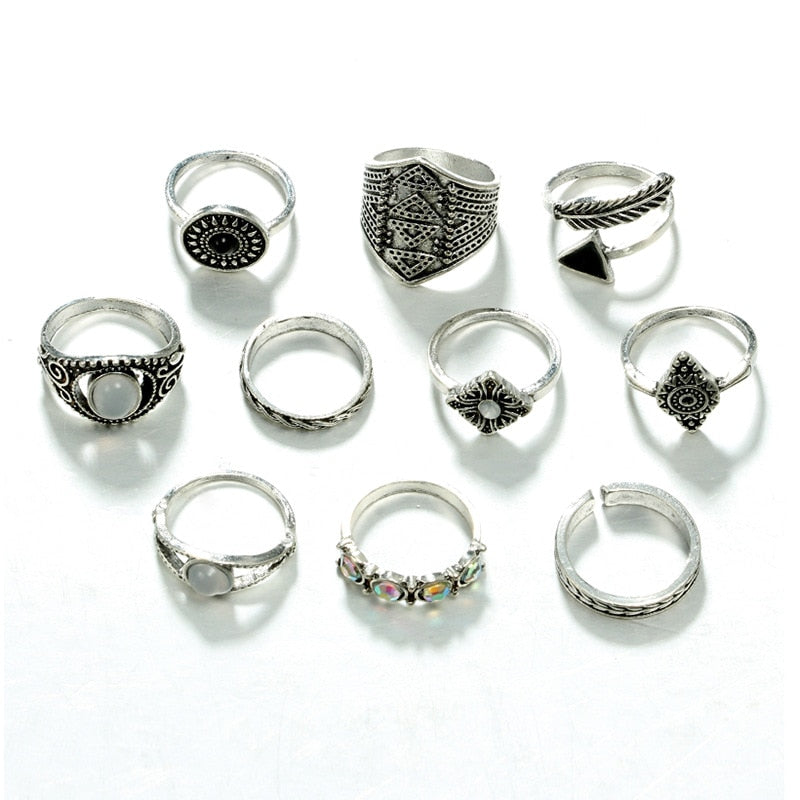 Bohemia Antique Arrow Leaf Carved Rings Sets