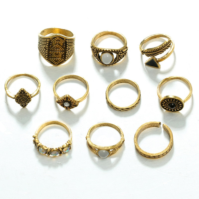 Bohemia Antique Arrow Leaf Carved Rings Sets