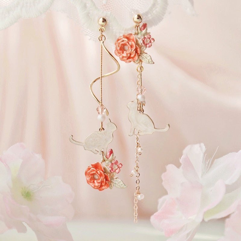 New Elegant Metal Flower Cute Cat Dangle Earrings For Women