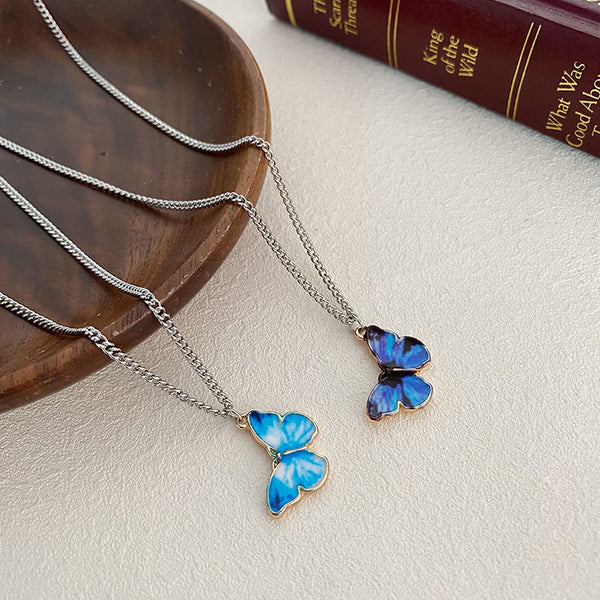 Blue Purple Butterfly Metal Necklace